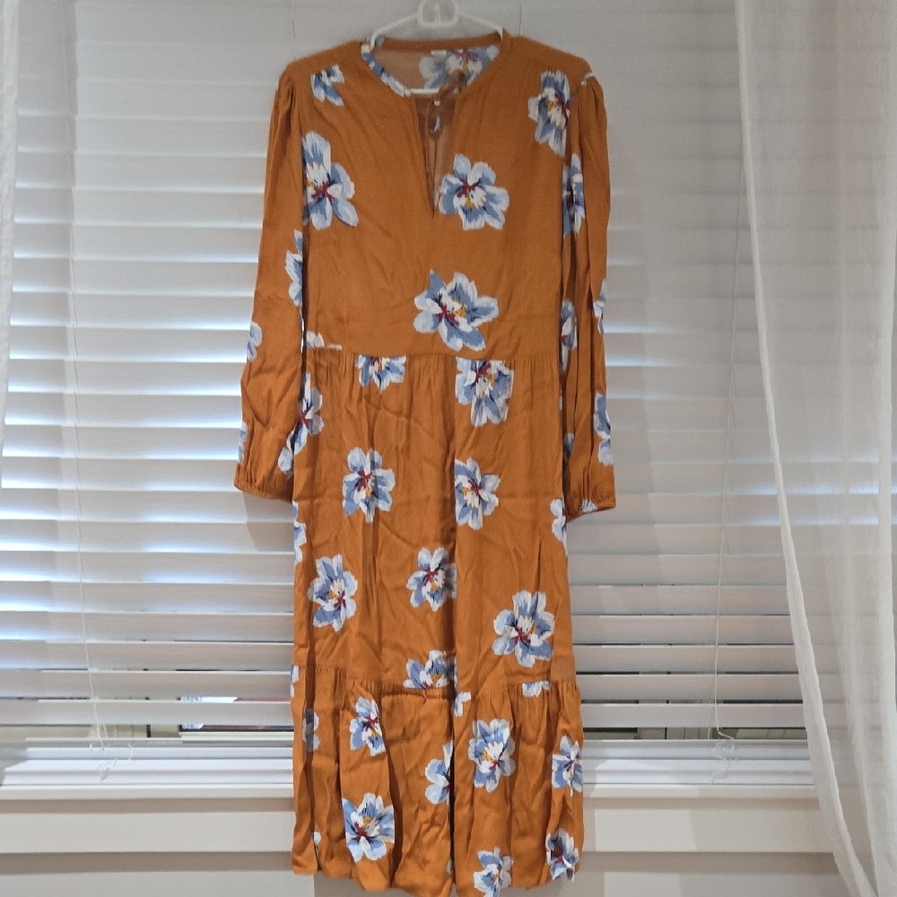 Old Navy Mustard Floral Long-Sleeve Midi Dress with Blue Flowers